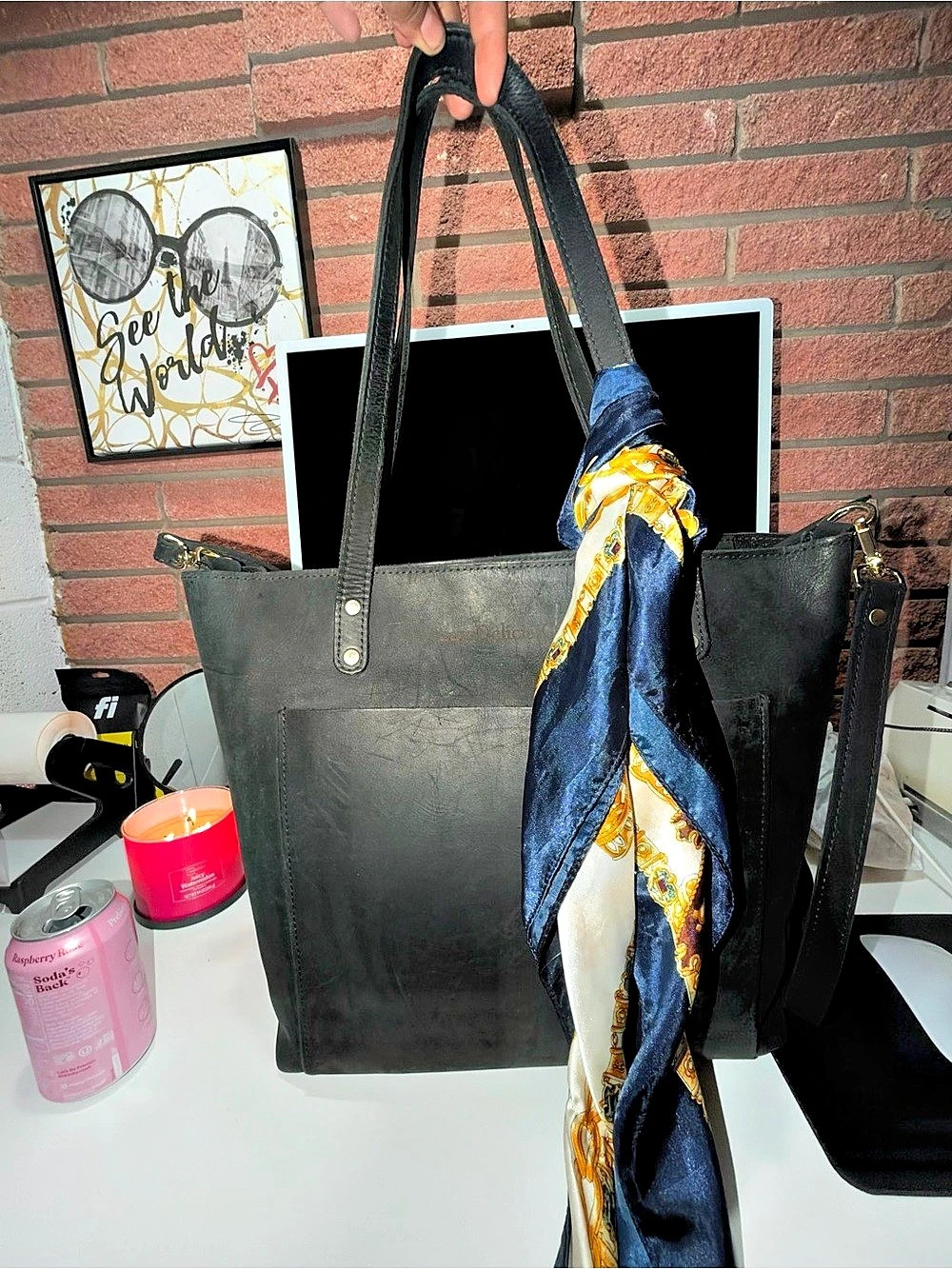 Black Leather Tote with Wallet